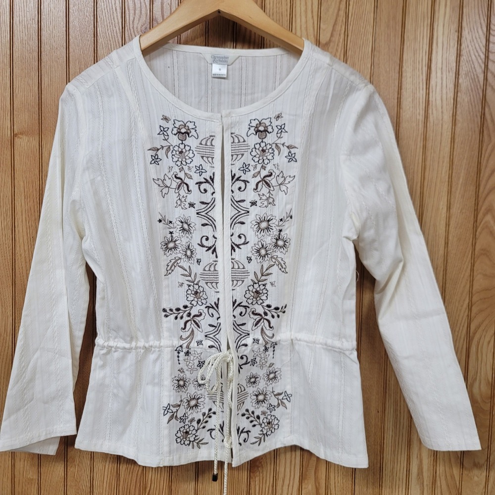 Boho Peasant Cottagecore White Floral Embroidered Tie Front Drawstring Top Small